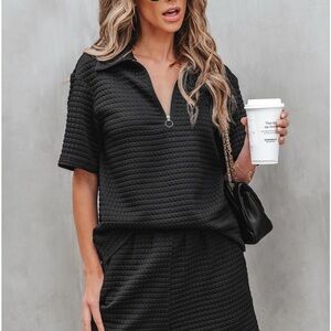 Black Textured Short Sleeve Top and Shorts Set